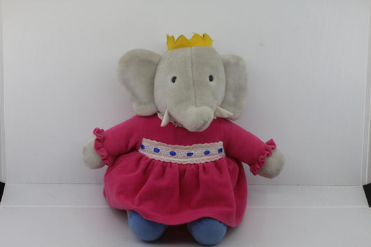 Soft Plush Babar Elephant Queen Celeste Pink Dress and Yellow Crown