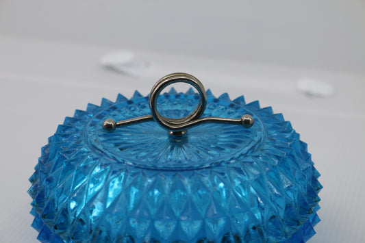 Indiana Glass Diamond Point Blue Glass Powder Jar Candy Dish Vintage Vanity