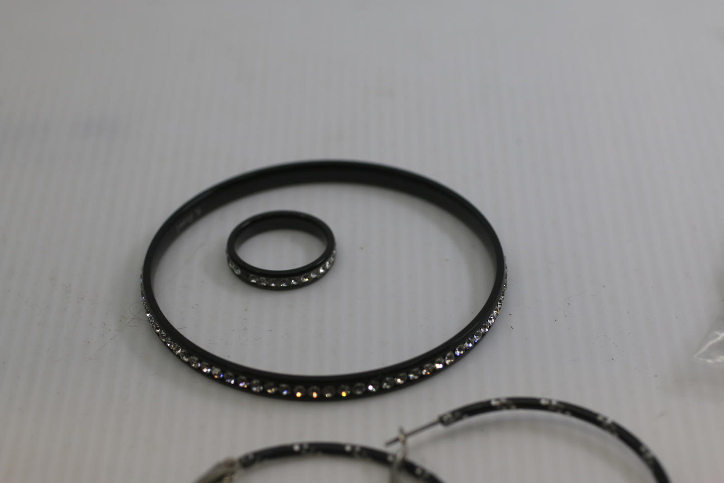 Black Rhinestone Jewelry Set – Hoop Earrings, Bangle & Ring