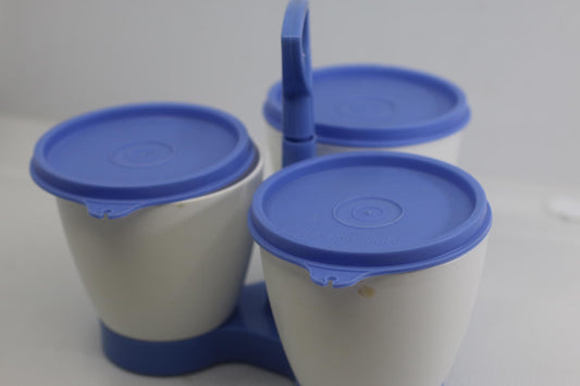 Tupperware Essentials Blue & White Serving Caddy with Condiment sauce Bowls Set