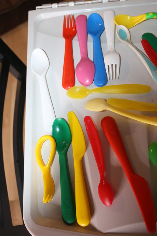 Cutlery huge lot mixed Knives,Forks, Spoons Blue, Green toys for kids & 1 bowl