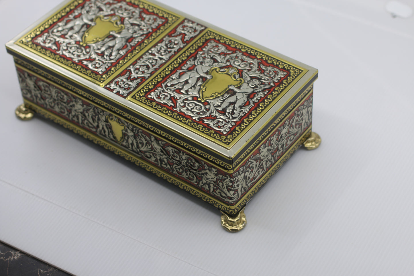 Vintage Rectangular Embossed Footed Cherub Tin Box - West Germany