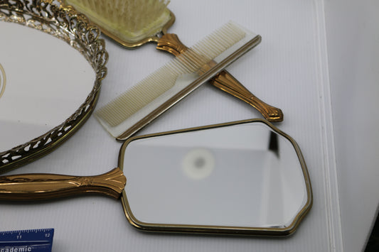 Vintage Ornate Mirrored Vanity Tray Brush Comb Hand Held Mirror