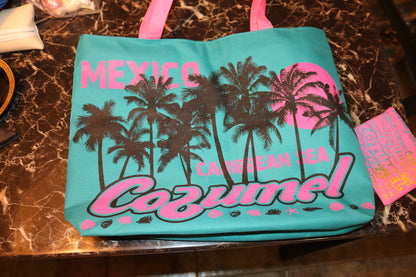 Cozumel Mexico Large Beach Towel Bag Tote Rope Handles Pink wallet