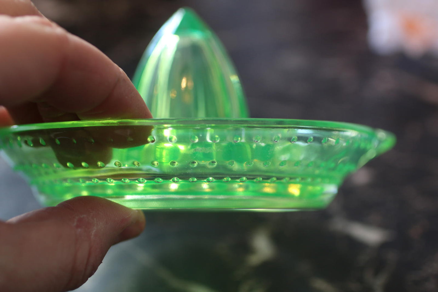 Uranium Glass Depression Glass Green Citrus Reamer Juicer 6" UV Glows Green VTG