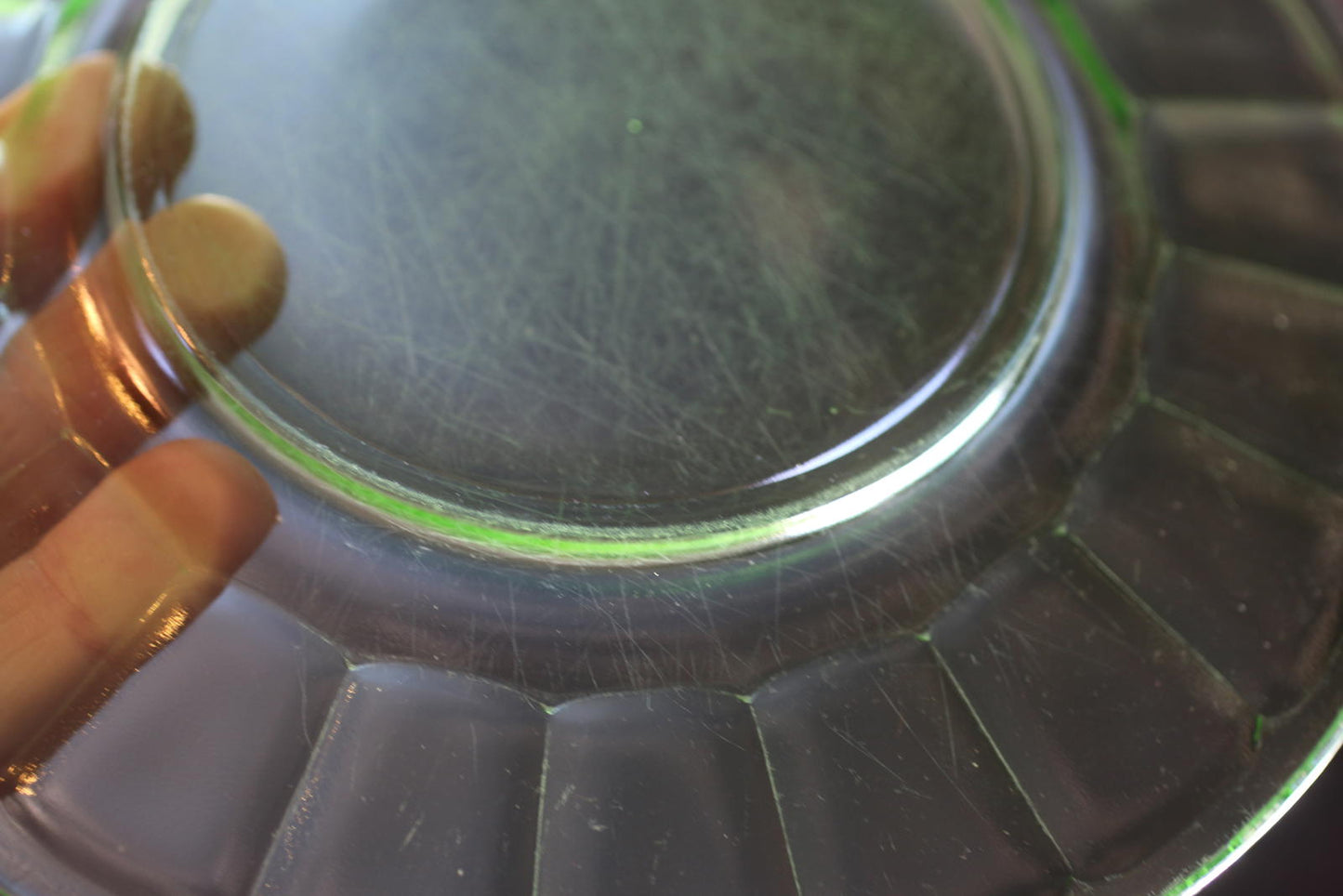 Vintage Uranium Glass Green Plate / Shallow Bowl – Fluted Rim – Depression Era