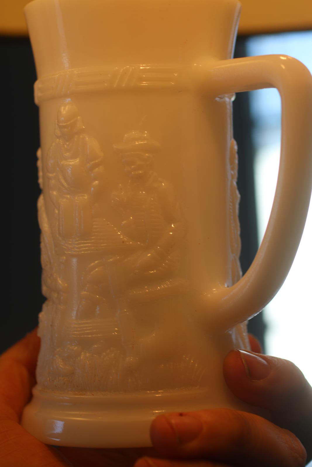 Vintage Beer Stein Mug Tavern Scene White Milk Glass Federal Barware