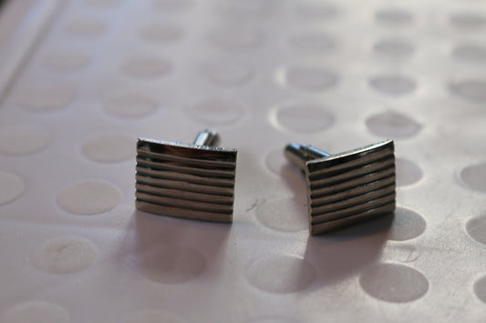 Men's Metal Silver Color Striped Rectangular Cufflinks