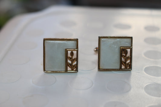 Men's Vintage Cufflinks Set Square White Mother of Pearl wheat leaf