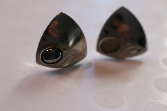 Men's Vintage Cufflinks Set curved silver triangle with black stone