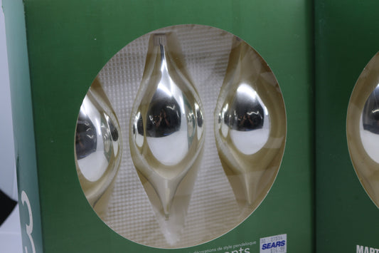 Six Martha Stewart everyday Glass woodland Ornaments teardrop in box Silver