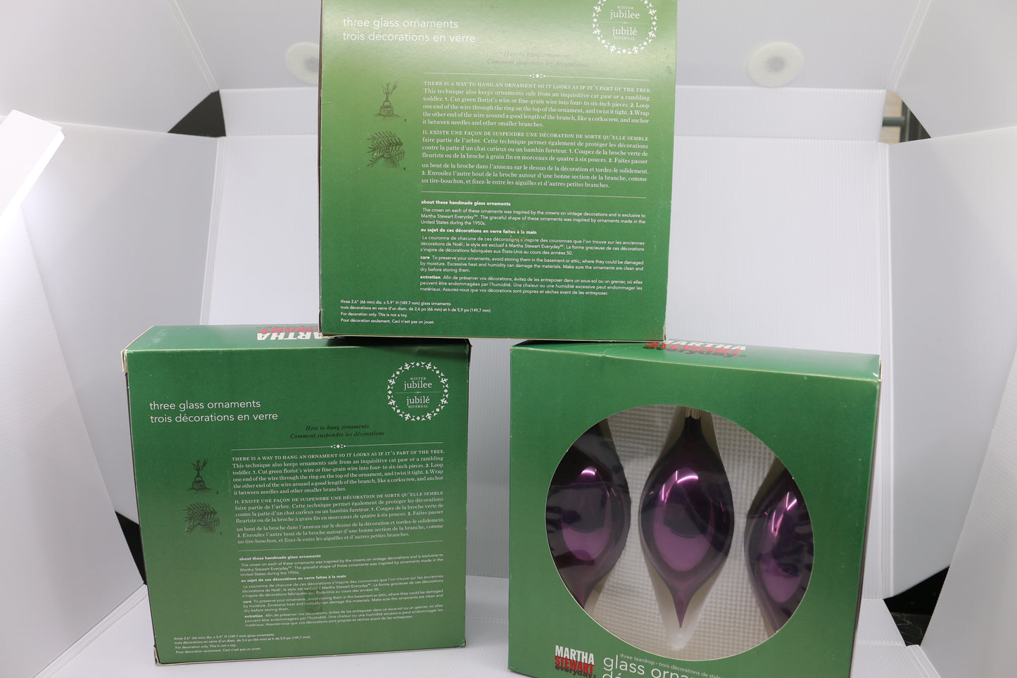 Nine Martha Stewart everyday Glass woodland Ornaments teardrop in box Purple