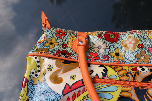 Hadaki Cool Tote Bag Coated Floral Stripe? Madeline? Orange 17”x12”x7”