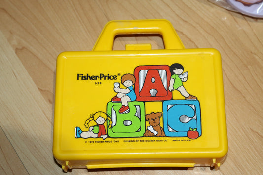 Fisher Price #638 Play Lunch Box Vintage 1970s A-B-C-D Yellow School Carry Case