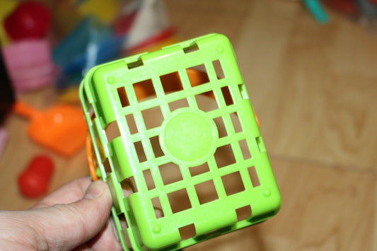 Toy green Basket w/ 1 yellow handle toys vintage Kitchen dolls pretend play