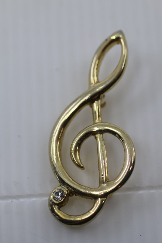 Vintage Gold Tone Treble Clef Brooch Signed AH Music Note Pin