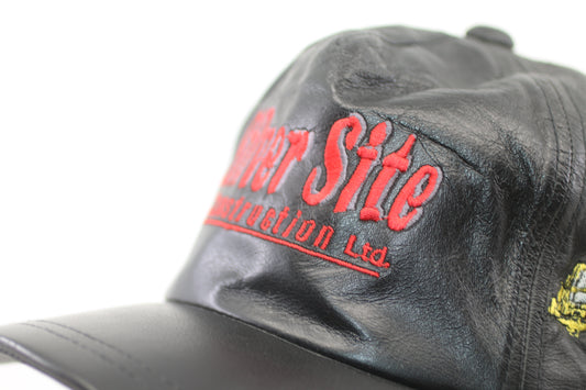 Vintage Black Leather Construction Cap Silver Site Embroidered Adjustable