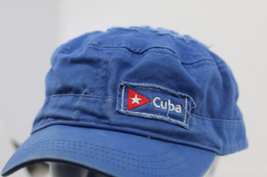 Vintage Cuba Blue Military Style Cap Distressed Cotton Adjustable