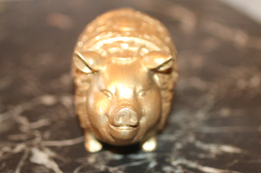 Vintage Chinese Gilt Brass Wealth Pig Feng Shui Zodiac Boar Coin Statue 6.4” Heavy