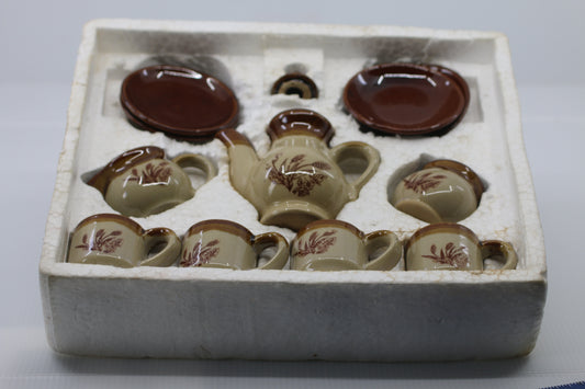 12 piece Stoneware Vintage Childs Toy Tea Set Brown Pottery Wheat Design Cups