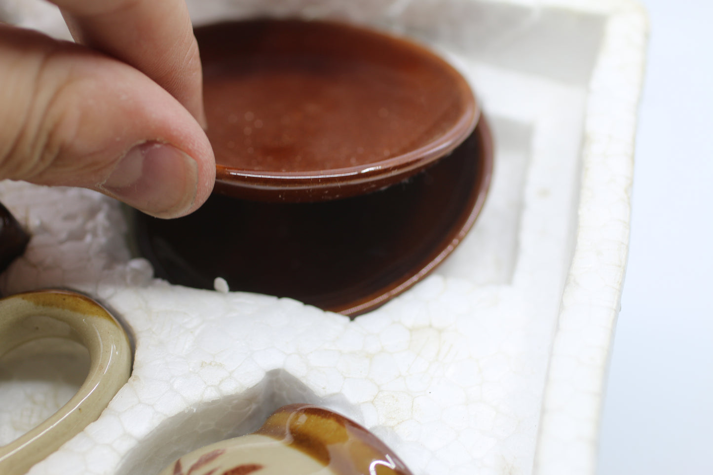 12 piece Stoneware Vintage Childs Toy Tea Set Brown Pottery Wheat Design Cups