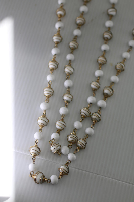 Vintage White Glass Bead Necklace Gold Tone Spiral Wire Long