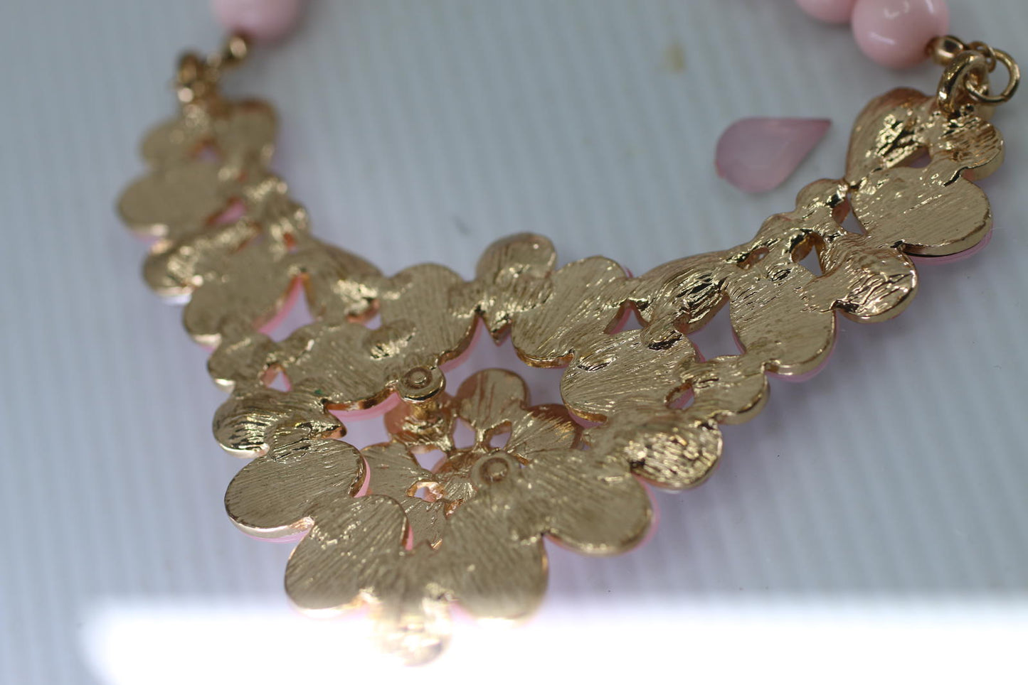 Pink Floral Statement Necklace Gold Tone Rhinestone Flower