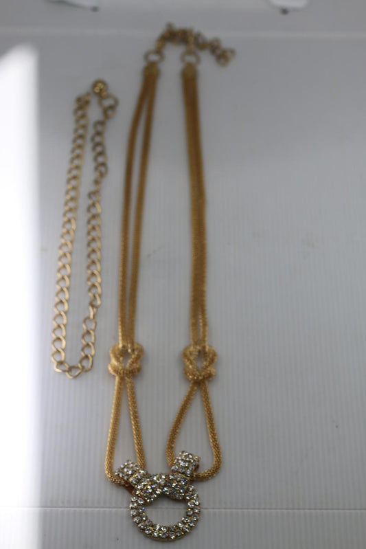 Vintage Gold Tone Multi Necklace Rhinestone Circle Pendant