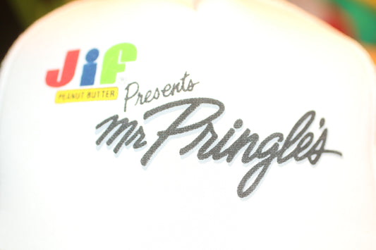 Vintage Jif Peanut Butter Presents Mr Pringles Trucker Hat Promo Snapback Cap USA