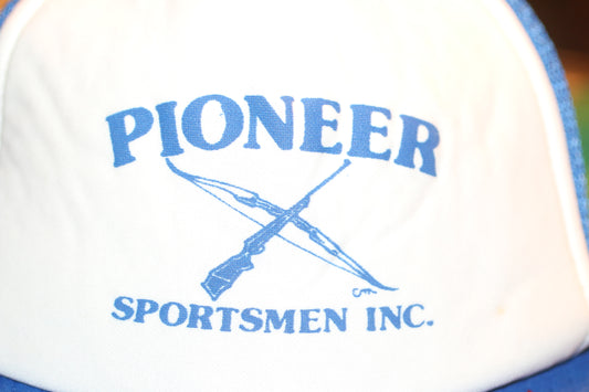 Vintage Pioneer Sportsmen Inc Trucker Hat Blue White Snapback USA Hunting Fishing