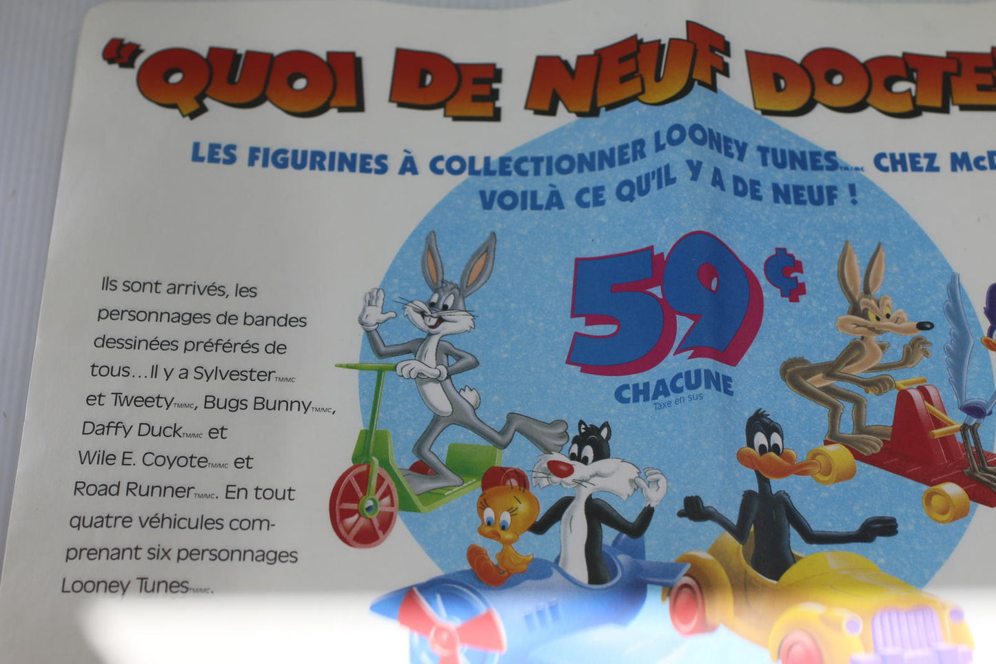 Vintage McDonald's Looney Tunes Paper Placemat Tray Liner 1989 Bugs Bunny Promo