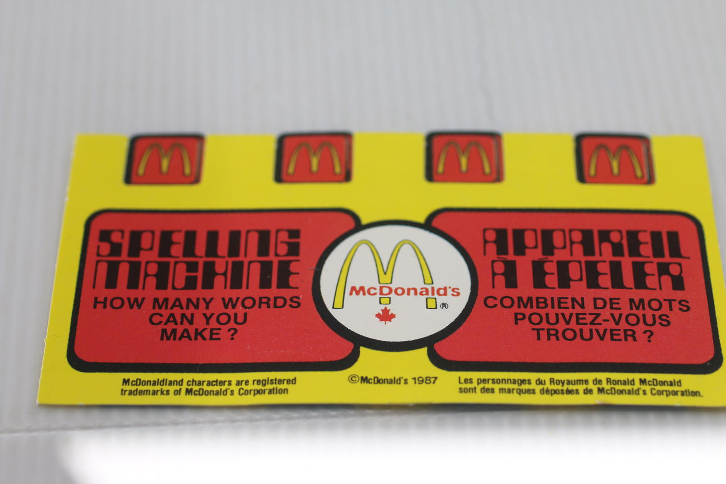 Vintage 1987 McDonald’s Spelling Machine Pull Tab Puzzle Canada Unused