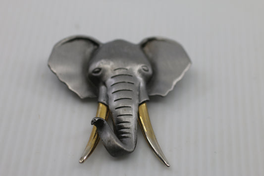 Vintage Elephant Head Lapel Pins Set of 2 Pewter Tone Brass Tusks Animal Jewelry