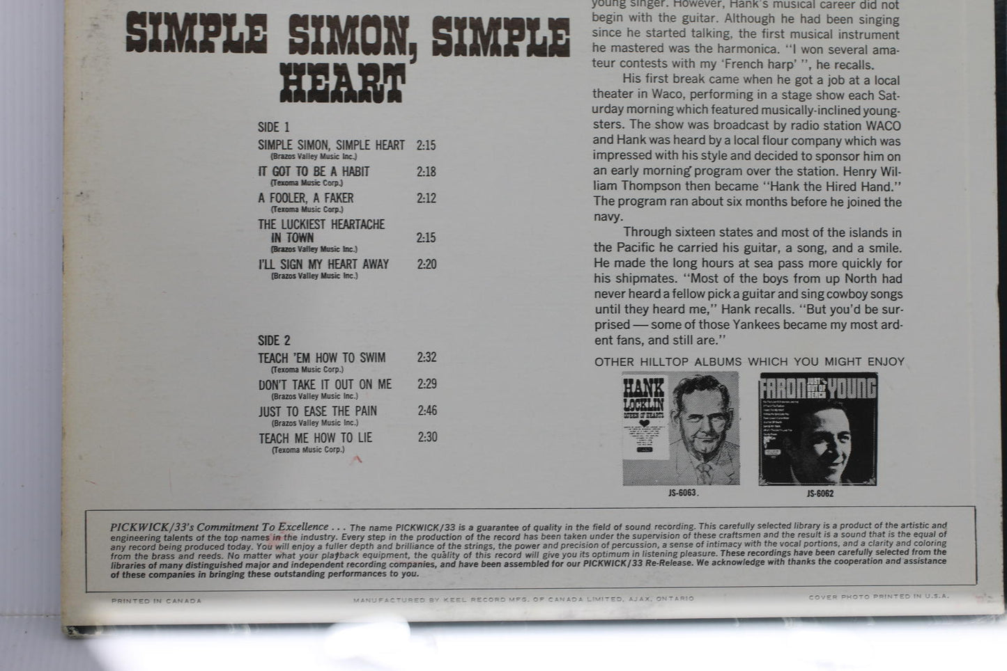 Hank Thompson & His Brazos Valley Boys - Simple Simon, Simple Heart Vinyl Record
