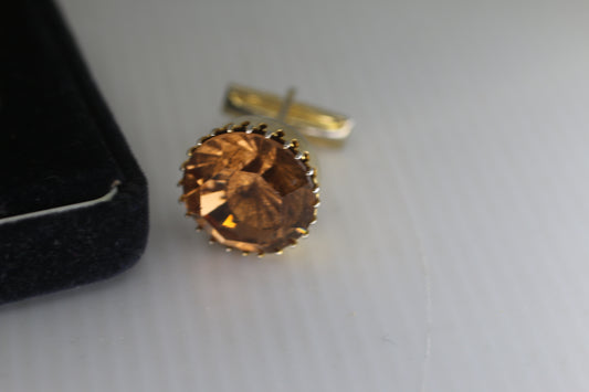 Vintage Gold Tone Cufflinks & Tie Pin Set with Faceted Amber Champagne Stone