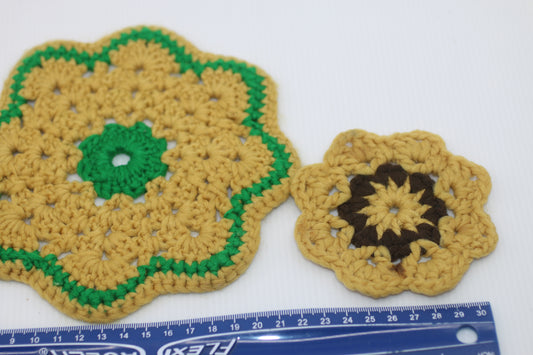 3x Green Crochet Flower Coaster, kitchen Crochet Pattern Coaster pattern