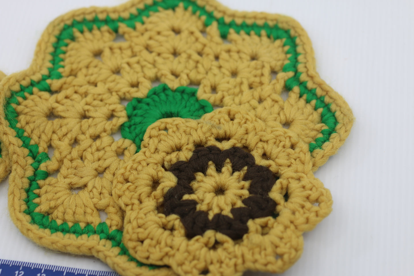 3x Green Crochet Flower Coaster, kitchen Crochet Pattern Coaster pattern
