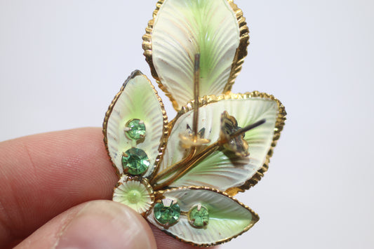 Vintage demi-parure, brooch hand-painted in green and white, w green rhinestones