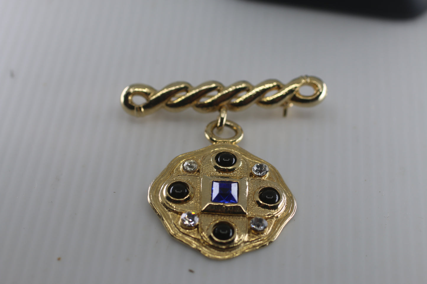 Gold Blue tone Black Enamel & Seed Pearl Pendant Pendant Brooch
