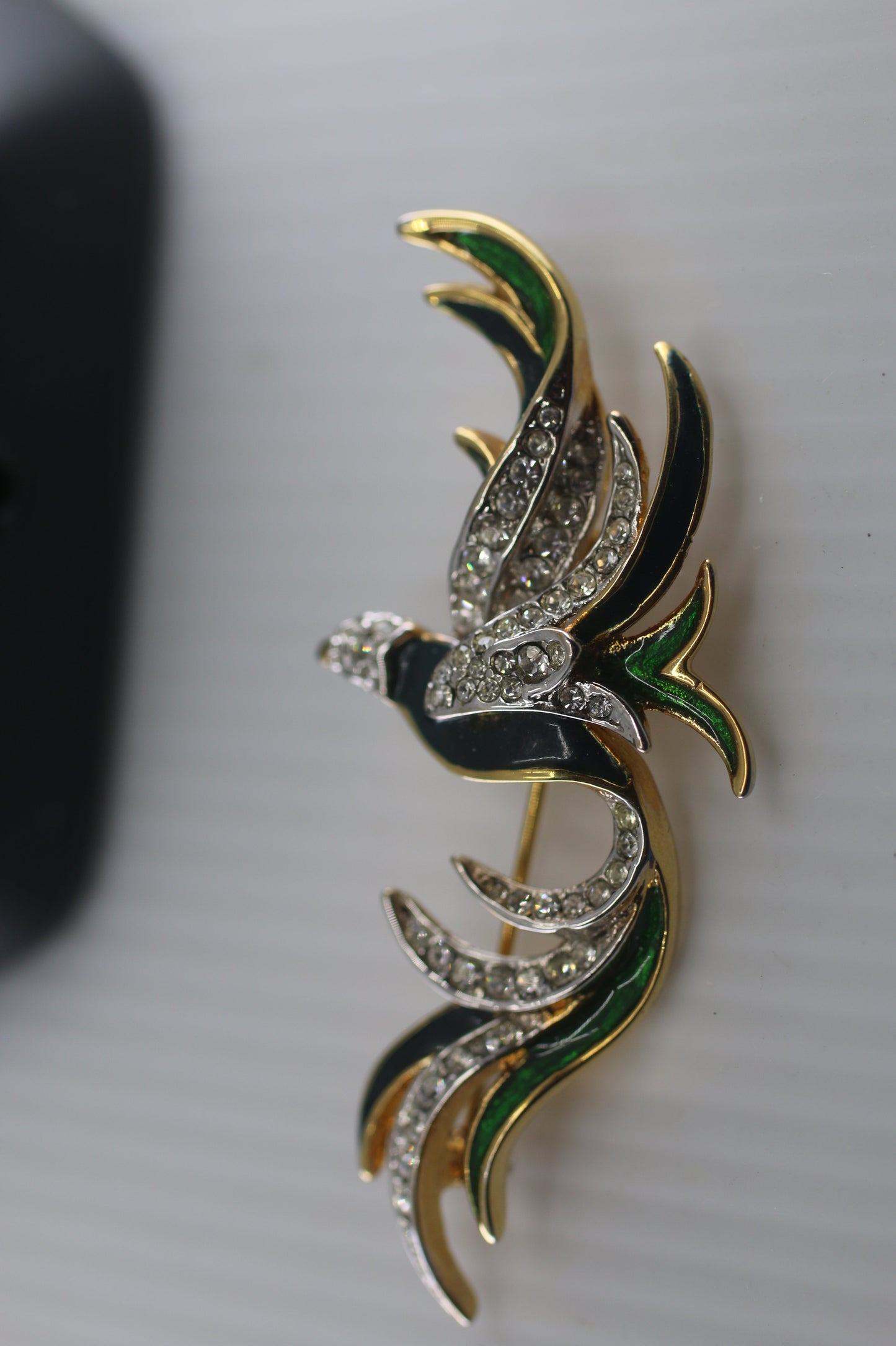 Vintage Flying Bird Paradise Bird Brooch, Gold Tone Clear Rhinestones Green