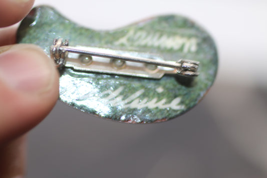 Brooch Painted Golden motif design artist vintage pin Red flowers trees signed