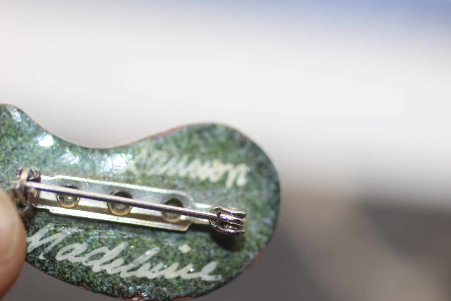 Brooch Painted Golden motif design artist vintage pin Red flowers trees signed