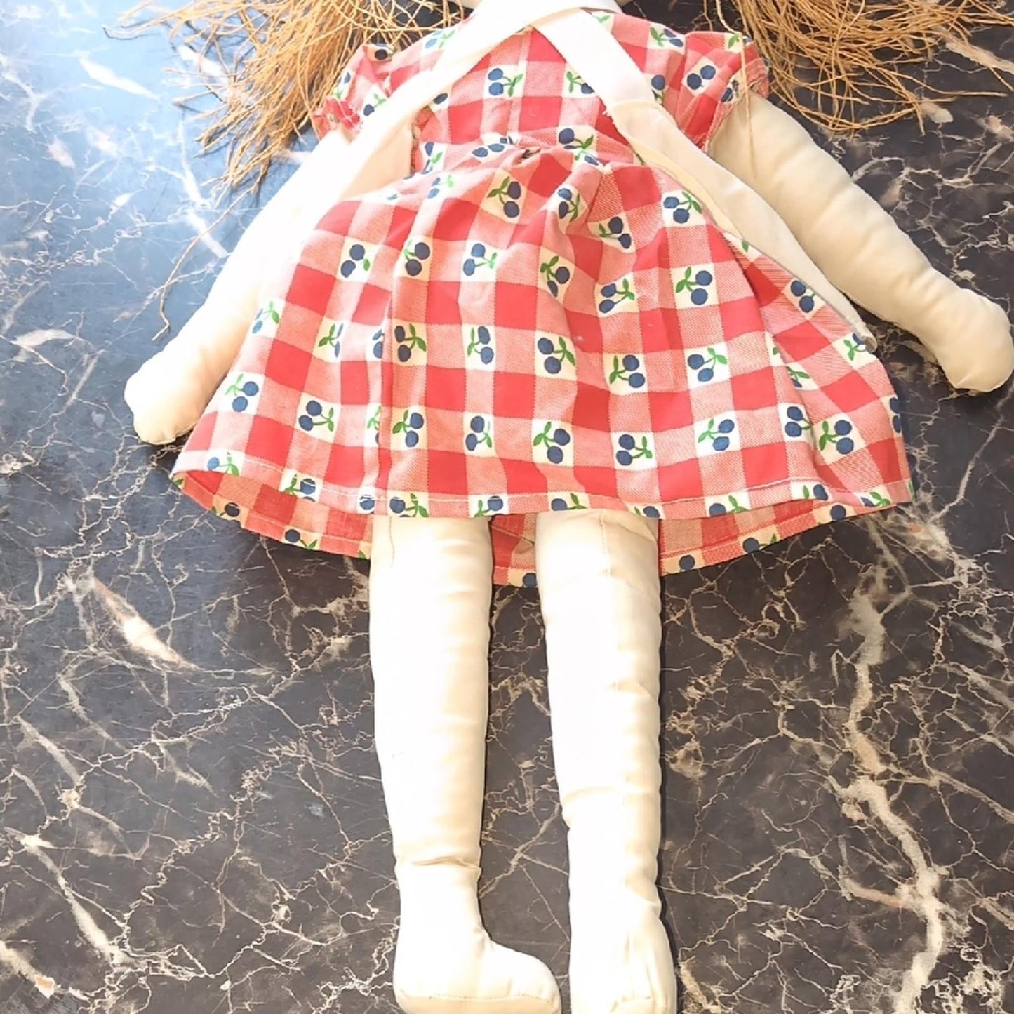 Colorful Patchwork Doll with Red and Green Dress