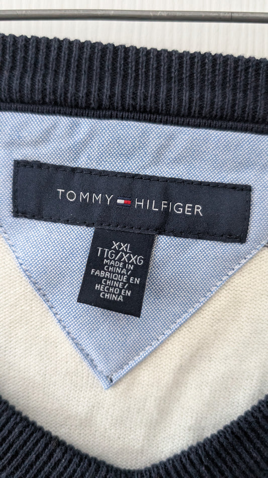 Tommy Hilfiger Men’s V-Neck Striped Sweater Navy white XXL Cotton Knit Pullover