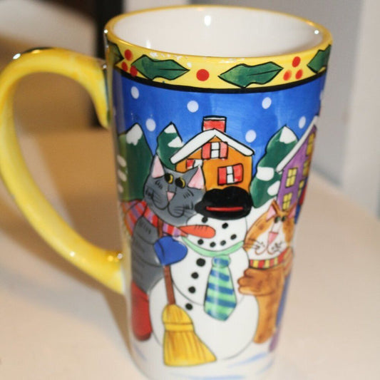 Catzilla By By Candace Reiter, Latte Mug, Snowmen. A Small Chip On Handle.