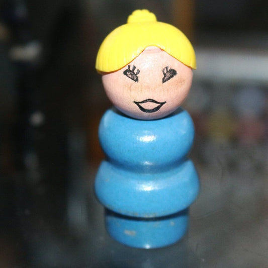 Vintage Fisher Price Little People Blue Woman Girl Figure Wooden Base Toy Vtg