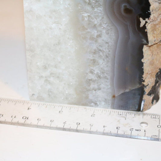 Dark Grey Border, Crystal Center, Sliced Agate Sculpture Rock Collectible