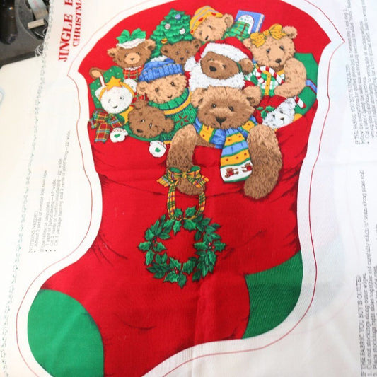 Christmas Stocking Jingle Bells Bears 2 Side Print Cotton Fabric W Free Lining