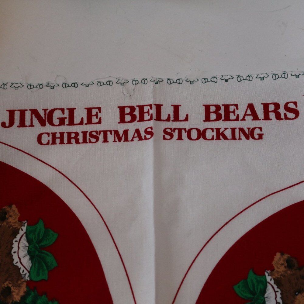 Christmas Stocking Jingle Bells Bears 2 Side Print Cotton Fabric W Free Lining