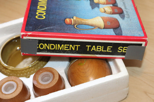 Vintage Condiment Table Set Natural Grained Wood Combination W/ Ceramic 1970'S
